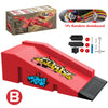 A red skateboard park set featuring ramps, rails, and a skateboard.