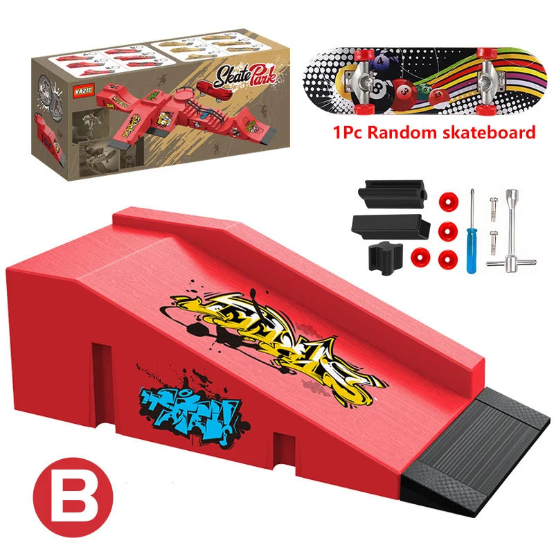 A red skateboard park set featuring ramps, rails, and a skateboard.