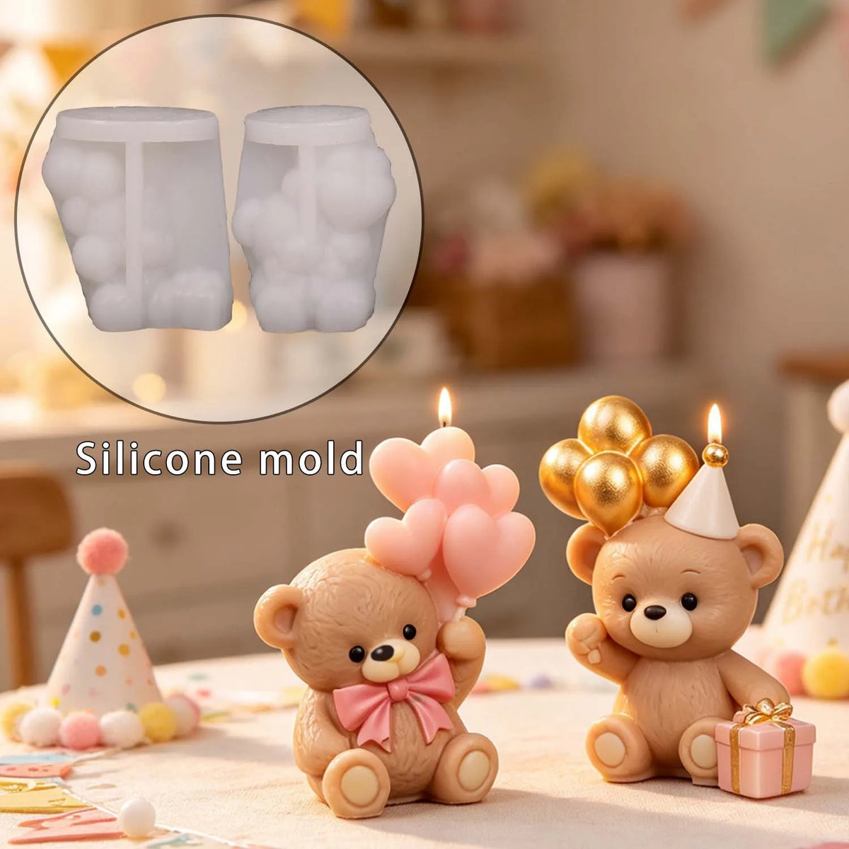 Heart-Shaped Balloon Bear Silicone Mold for Candles & Resin Crafts
