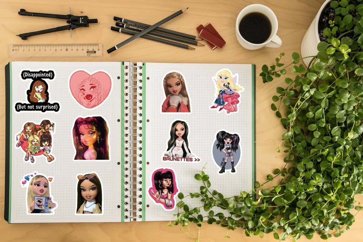 A sticker pack featuring various cartoon Bratz dolls and expressions for DIY decals