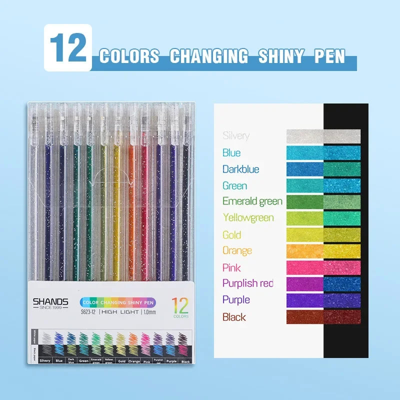A set of 12 color changing shiny pens in various shades including blue, green, gold, and black.