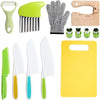 A collection of kids cooking set tools including silicone spatulas, wooden knives, and plastic kitchen utensils.