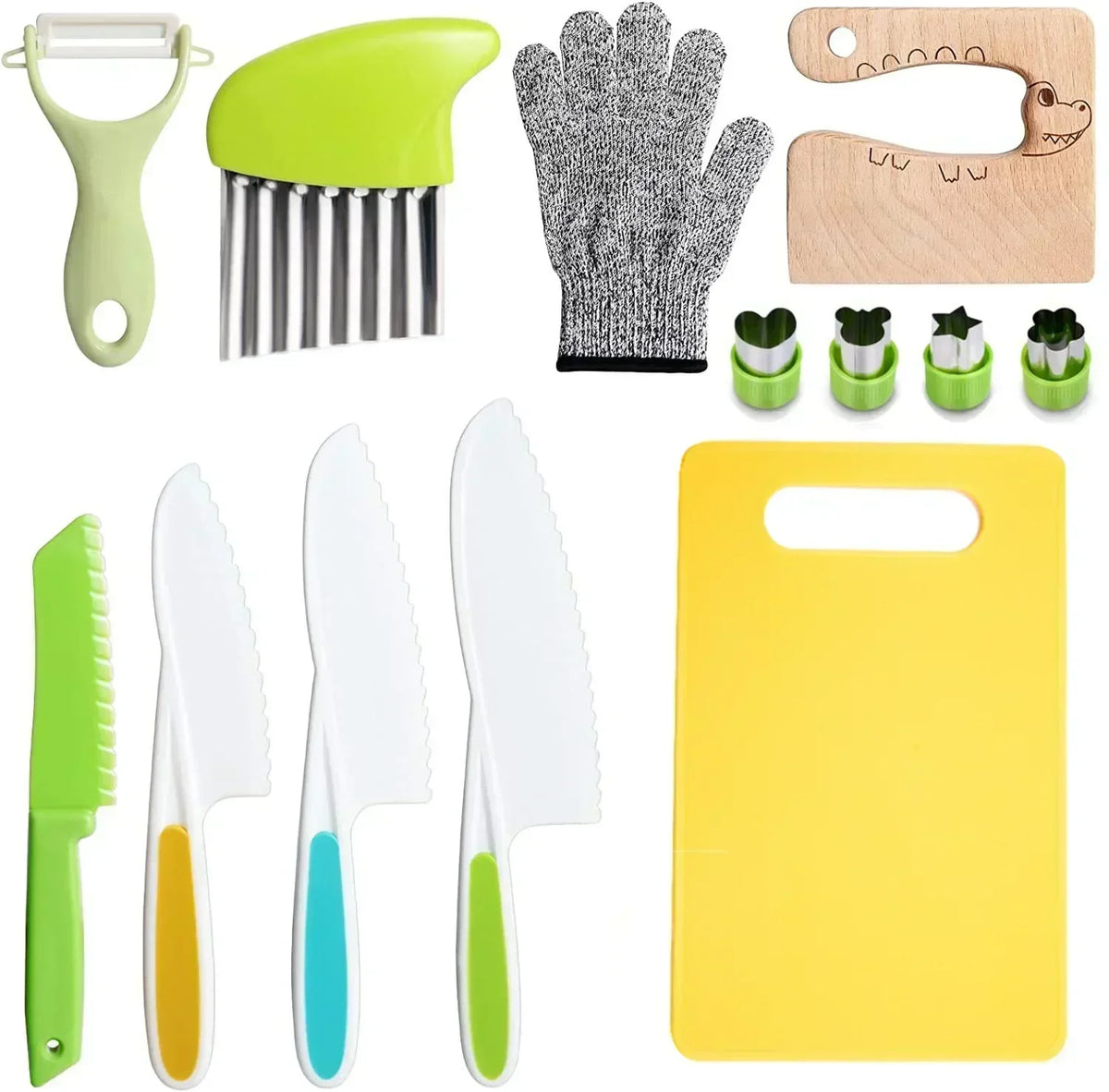 A collection of kids cooking set tools including silicone spatulas, wooden knives, and plastic kitchen utensils.