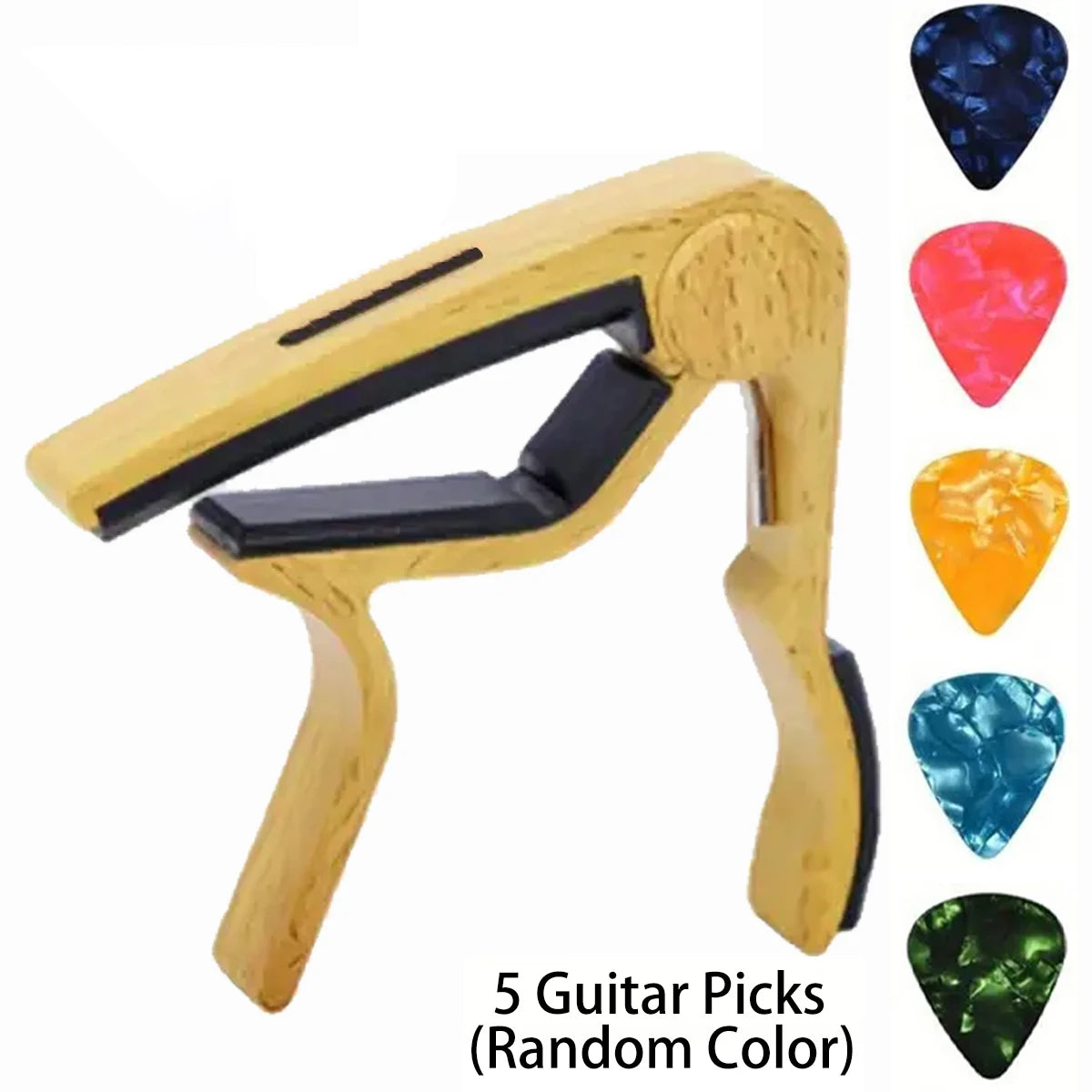 Zinc Alloy Guitar Capo with 5 Celluloid Picks — Fits Acoustic, Electric, Classical, and Ukulele