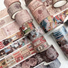 A collection of vintage patterned washi tape rolls and paper scraps for crafting and journaling