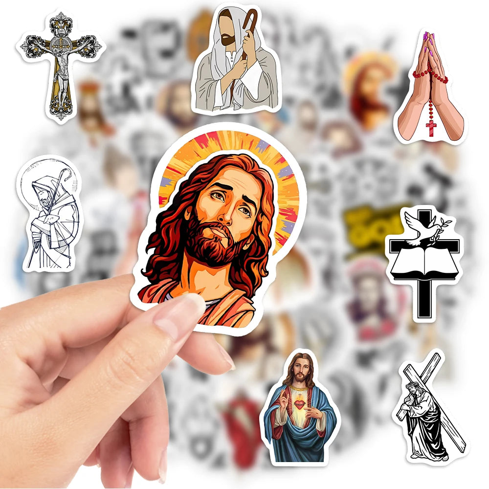 A hand holds a pack of Christian faith waterproof stickers featuring Jesus and religious symbols.