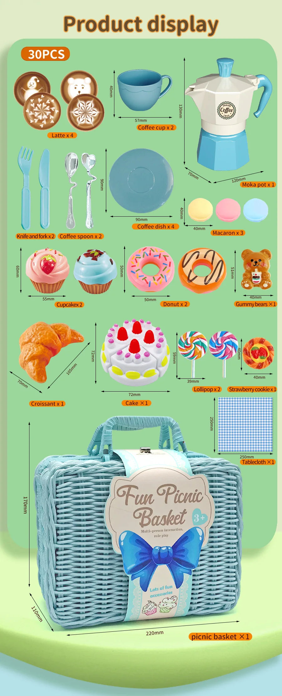 A display of a pretend play picnic and tea party set including cutlery food items and a woven basket