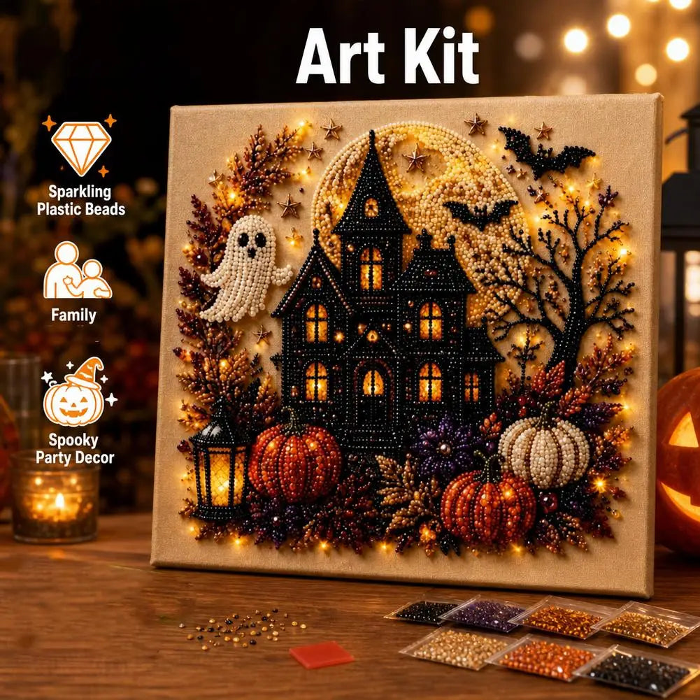 An art kit featuring a detailed Halloween ghost and pumpkin scene created with sparkling plastic beads on a canvas.