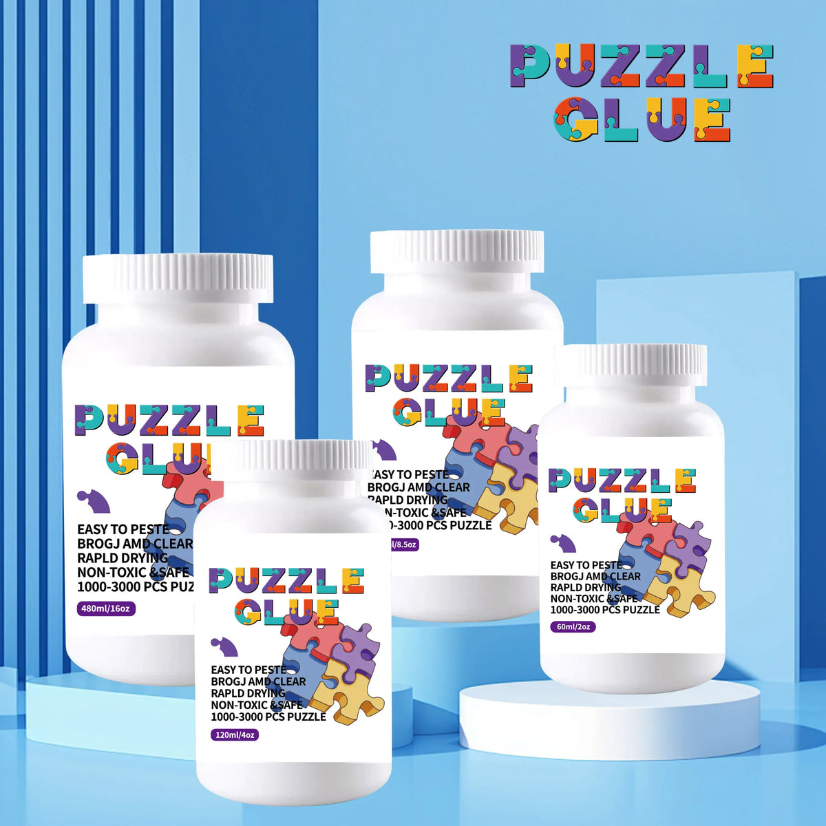 White bottles of Puzzle Glue with colorful puzzle pieces are displayed on a blue background.