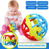 A baby is playing with a colorful early education fitness ball designed for grasping and crawling skills.