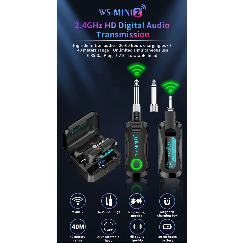A set of 2.4GHz wireless audio transmission components including a transmitter and receiver with various features listed.