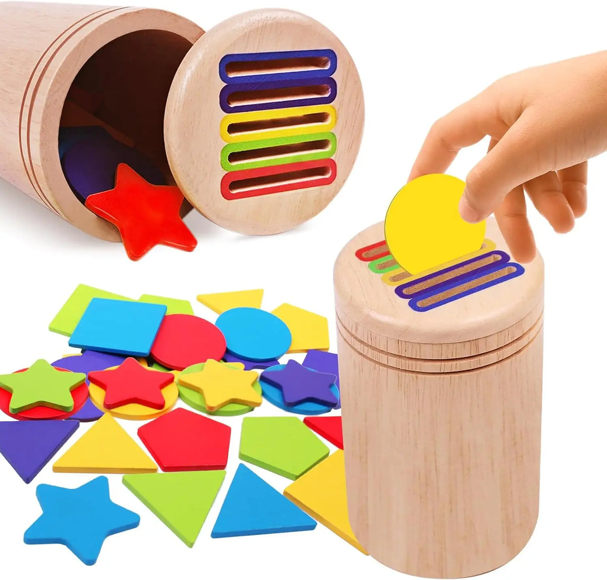 A wooden coin and color sorting toy with various colored plastic shapes scattered next to the container.