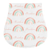 A white cloth featuring a repeating pattern of pastel rainbow arches in pink, green, and blue colors.