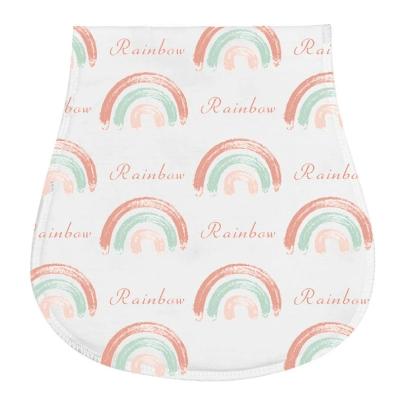 A white cloth featuring a repeating pattern of pastel rainbow arches in pink, green, and blue colors.