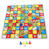 A colorful Snakes and Ladders board game with a grid of squares, ladders, and snakes, and several game pieces.