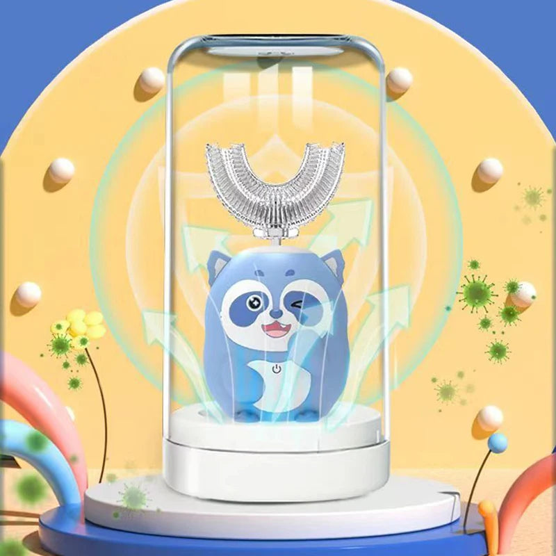 A blue panda-shaped electric toothbrush is displayed inside a clear tube with a light, surrounded by glowing green energy lin