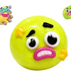 Jouet squishy jaune vif en forme de visage contrarié ou en colère avec des yeux noirs et une bouche rose.