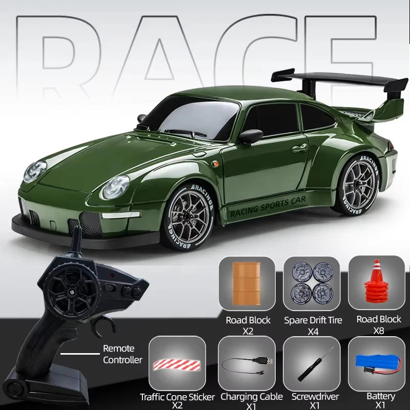 A green racing sports car model is shown alongside various accessories like a remote controller, road blocks, and battery.