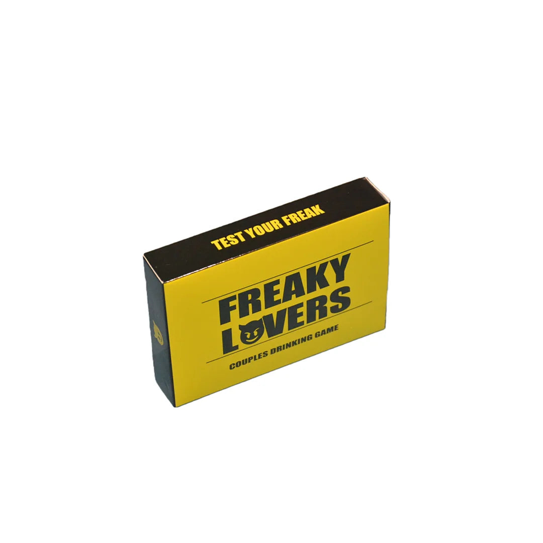 A yellow box labeled FREAKY LOVERS TEST YOUR FREAK game for couples.