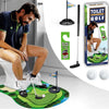 Indoor putting practice set including a mat, putter, and golf balls shown next to a man practicing golf.