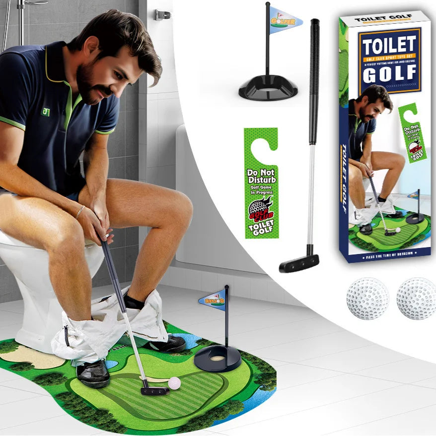 Indoor putting practice set including a mat, putter, and golf balls shown next to a man practicing golf.