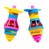 A pair of glowing spinning top toys in yellow and blue with pink accents.