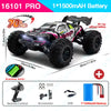 A black and white 16101 PRO RC monster truck with large tires and LED lights, shown in a side profile.