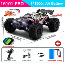 A black and white 16101 PRO RC monster truck with large tires and LED lights, shown in a side profile.
