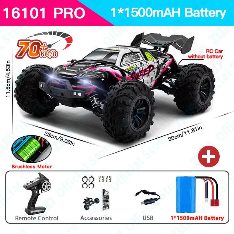 A black and white 16101 PRO RC monster truck with large tires and LED lights, shown in a side profile.
