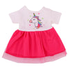 A pink and white unicorn dress for an 18-inch American Girl doll with a bright pink skirt.