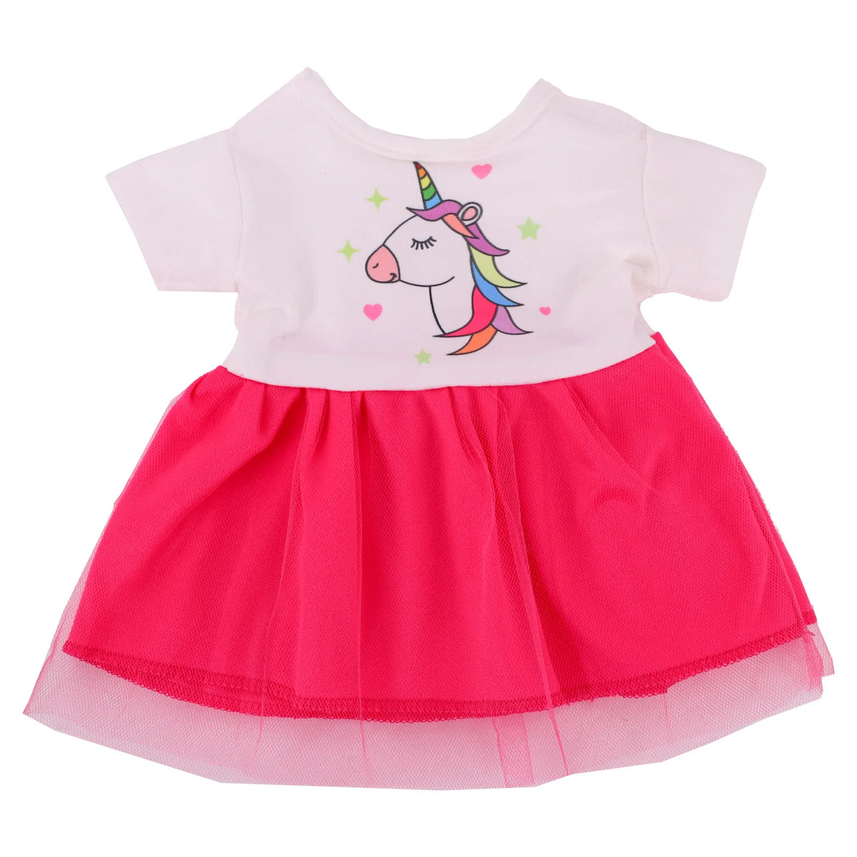 A pink and white unicorn dress for an 18-inch American Girl doll with a bright pink skirt.