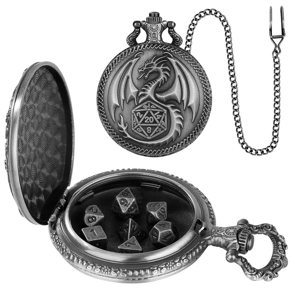 A silver steampunk dragon pocket watch dice case with a lid and a chain, alongside seven mini dice.
