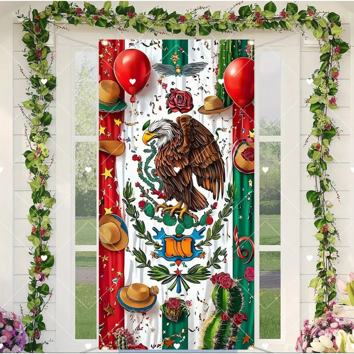 Viva Mexico door cover featuring an eagle, Mexican flag colors, and floral greenery design.