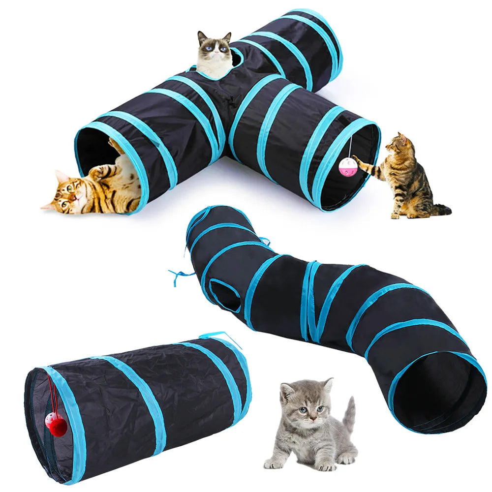 Black and teal foldable S-shaped cat tunnel with hanging ball toys for cats
