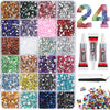 A grid of various colored rhinestones and glitter for a DIY craft kit featuring silver, gold, pink, purple, green, and blue s