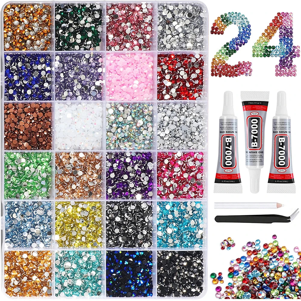 A grid of various colored rhinestones and glitter for a DIY craft kit featuring silver, gold, pink, purple, green, and blue s