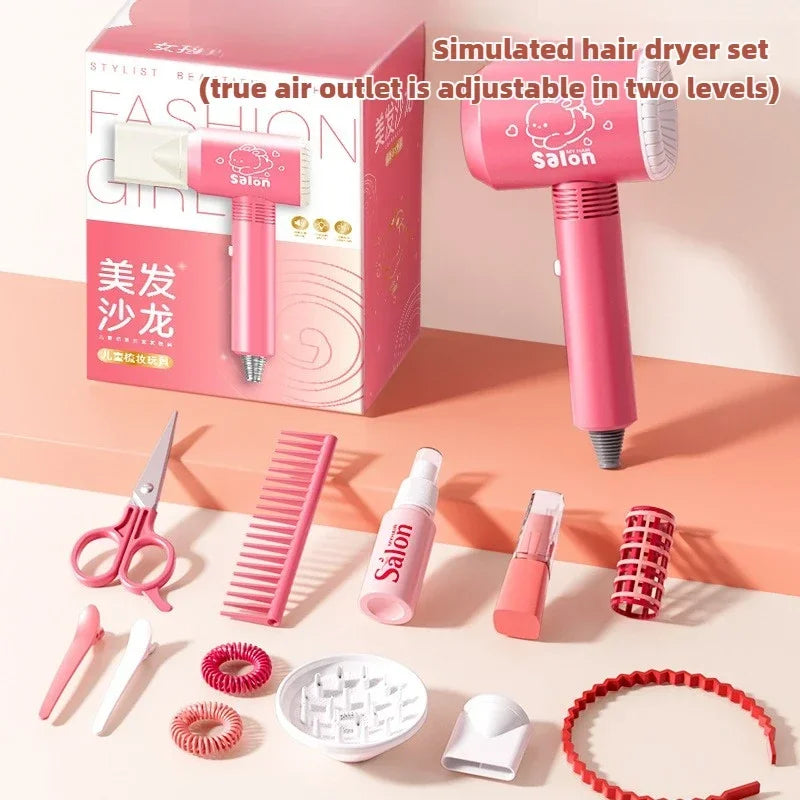 A pink simulated hair dryer set for kids includes a hairdryer, combs, scissors, and various styling tools.