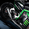 A close-up view of a detailed motorcycle simulation linkage design model.