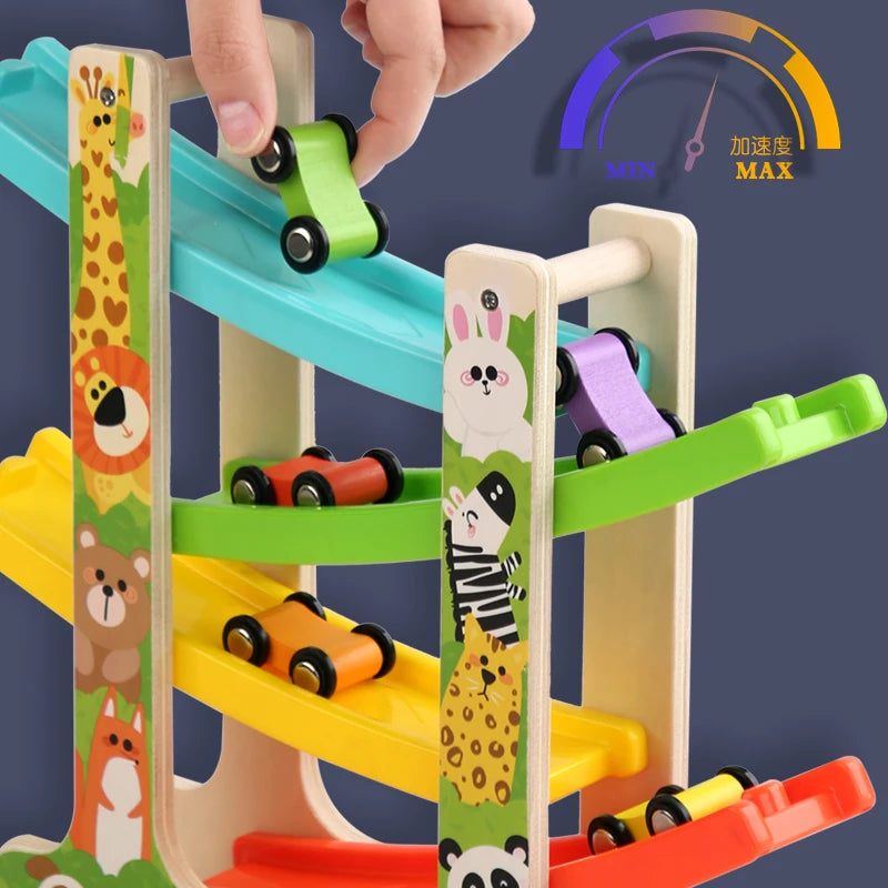 A wooden inertia race track toy set with colorful ramps and vehicles, showing a hand adjusting the mechanism.