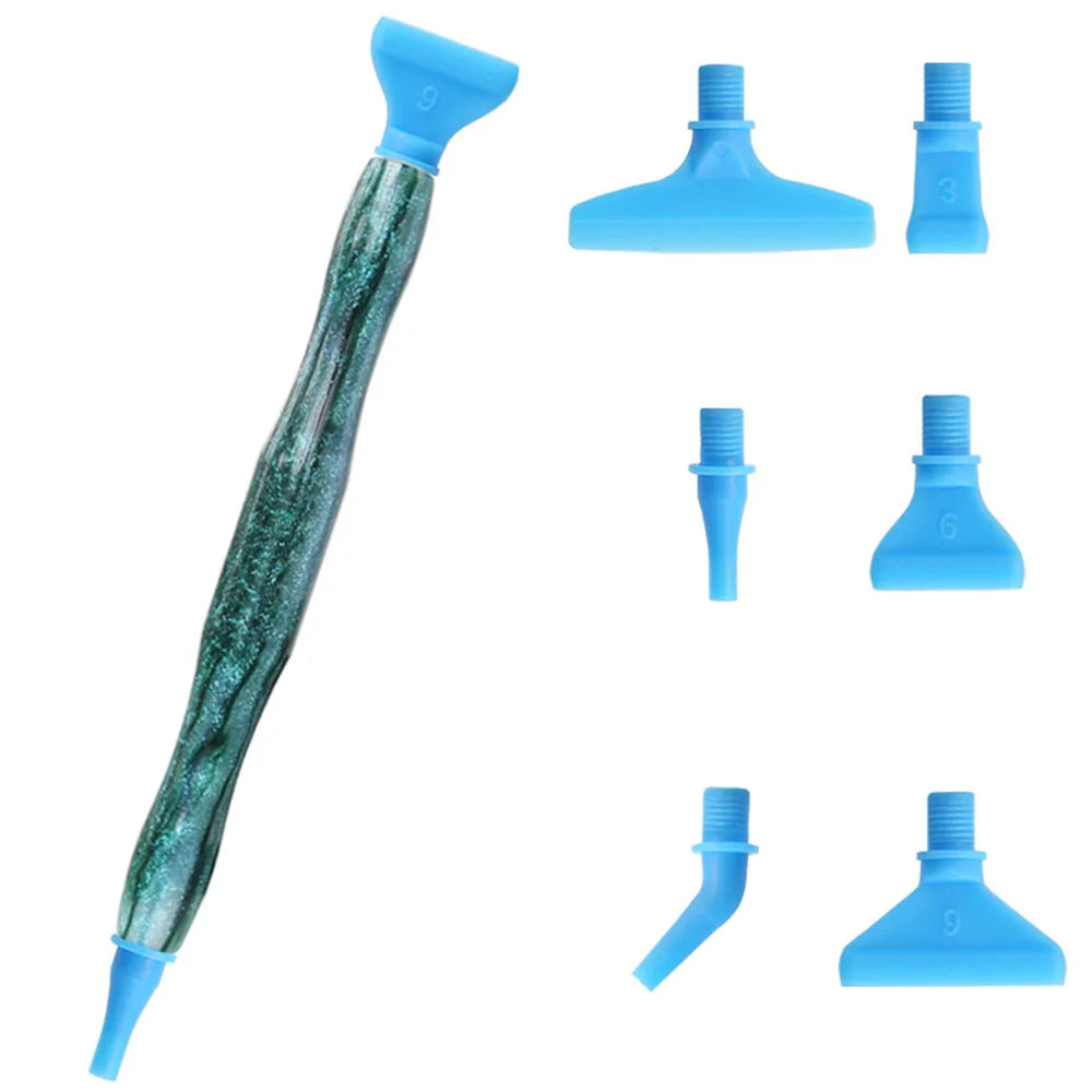 A set of blue resin diamond painting pens with interchangeable metal tips and multi-placers shown in various forms.