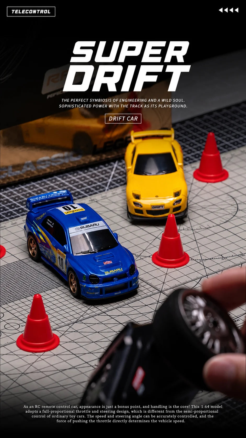 A yellow RC drift car is shown on a grid with red traffic cones, set against a dark background.