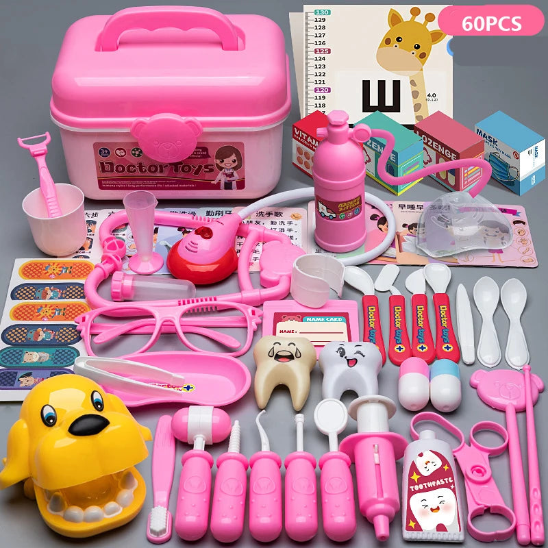 A collection of pink and yellow kids doctor pretend play tools including stethoscopes, syringes, and medical instruments.