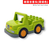 A lime green toy truck building block set with a trailer and various vehicles.