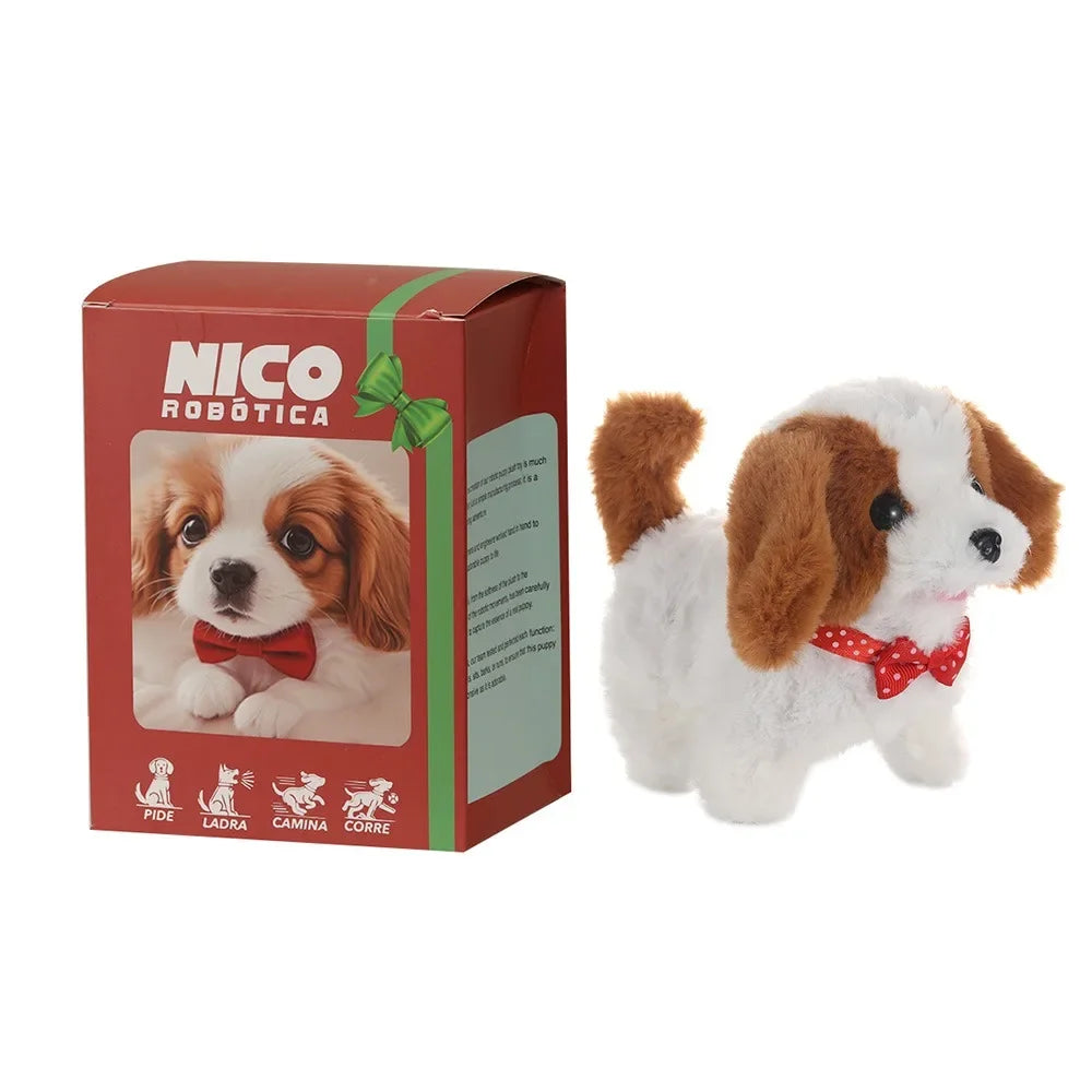 A box for a NICO ROBOTICA plush robot puppy with walking and barking features.