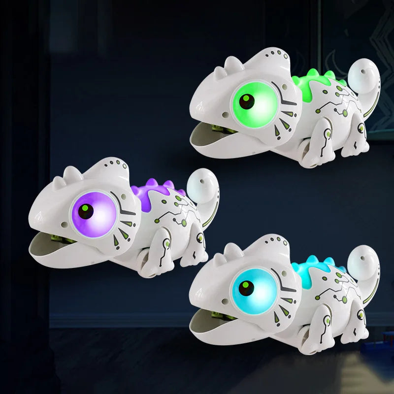 White remote control chameleon toy with glowing eyes in various colors