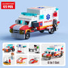 A 6 in 1 set of police helicopter and SWAT carrier vehicle building blocks featuring an ambulance truck and various accessori