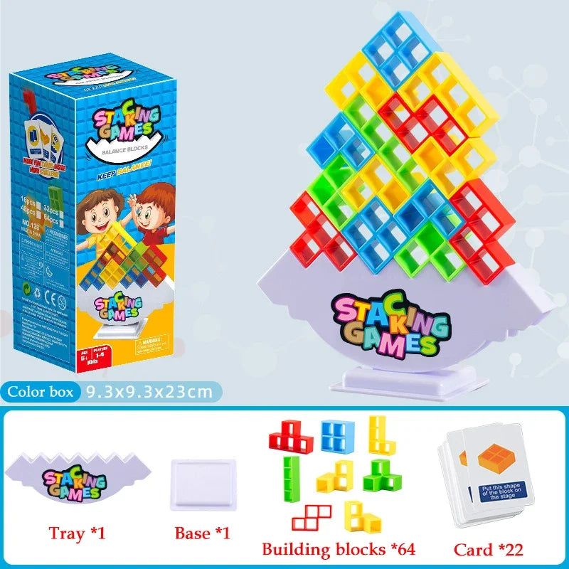 A colorful stacking game featuring building blocks, a tray, a base, and cards for a fun party activity.