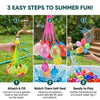 Three steps to summer fun showing how to attach, fill, and play with self-sealing water balloons.