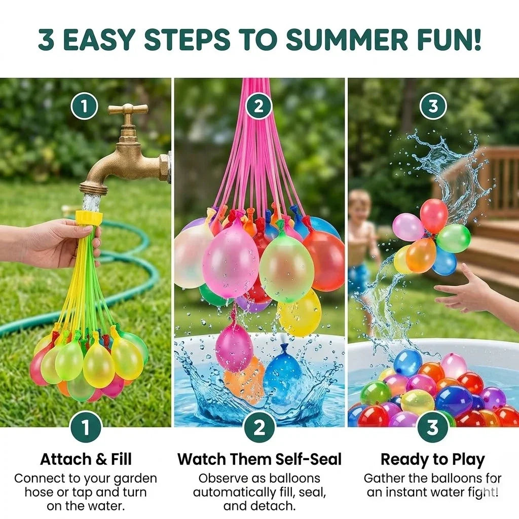 Three steps to summer fun showing how to attach, fill, and play with self-sealing water balloons.