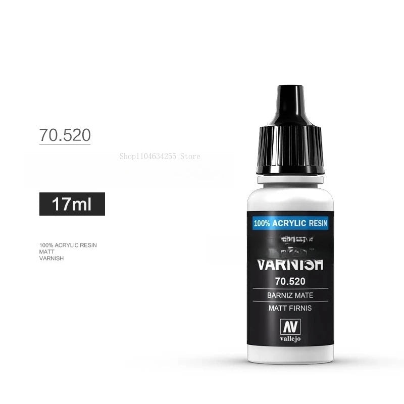 A glass dropper bottle of Varition 70.520 acrylic resin varnish for model protection.